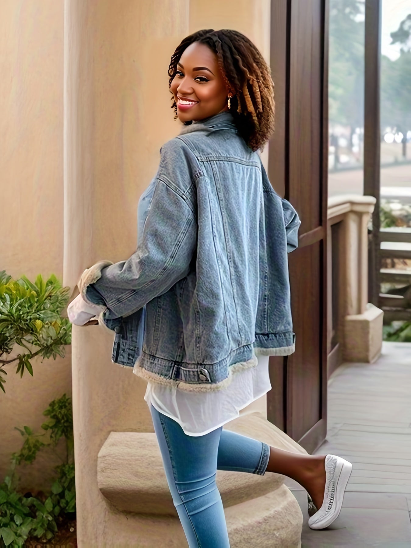 gbolsos Fleece Lined Long Sleeve Lapel Reversible Wear Way Denim Coat, Flap Pocket Loose Fit Winter Denim Jackets, Women's Denim Jeans & Clothing
