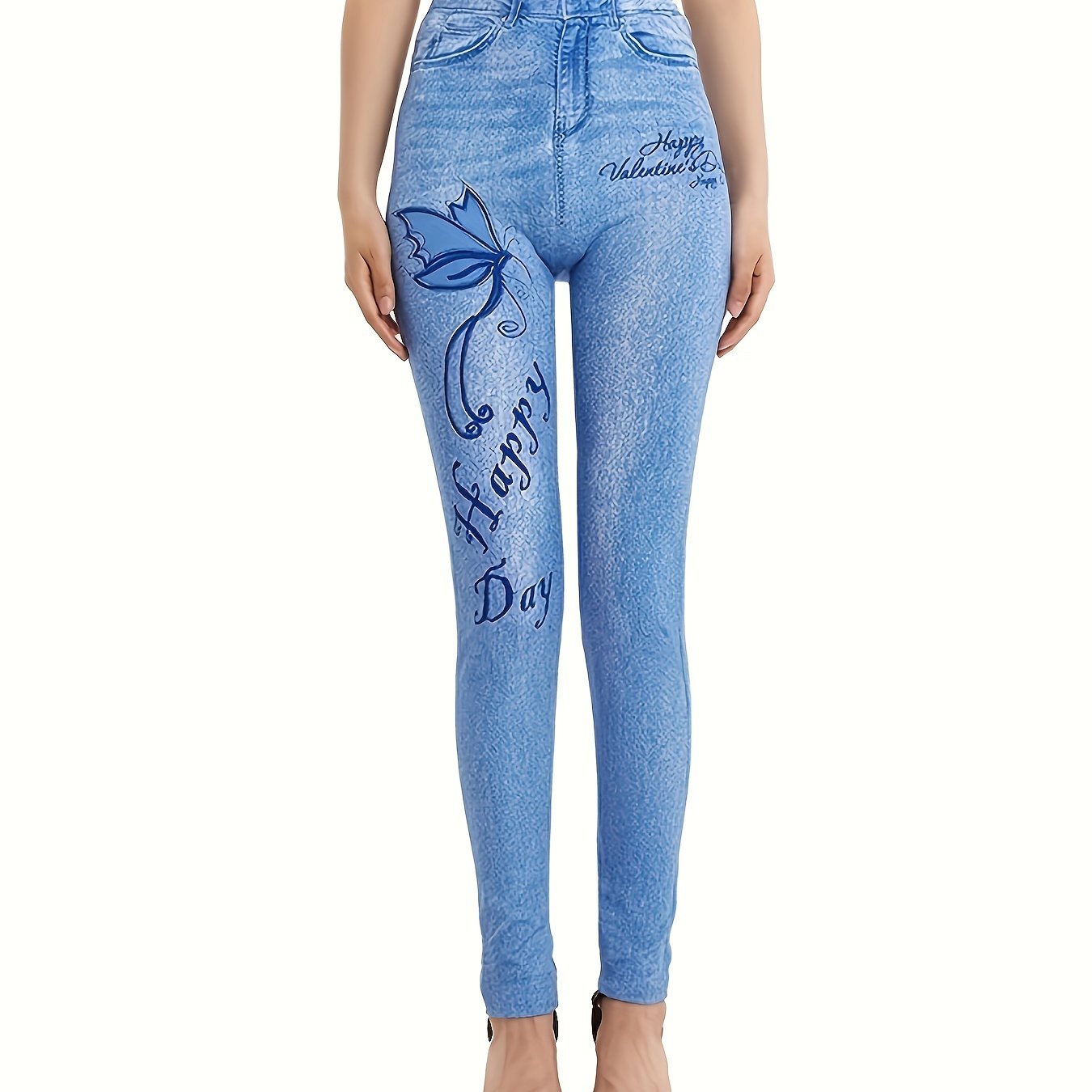gbolsosDenim Print High Waist Jeggings, Slim Stretchy Casual Leggings, Women's Clothing