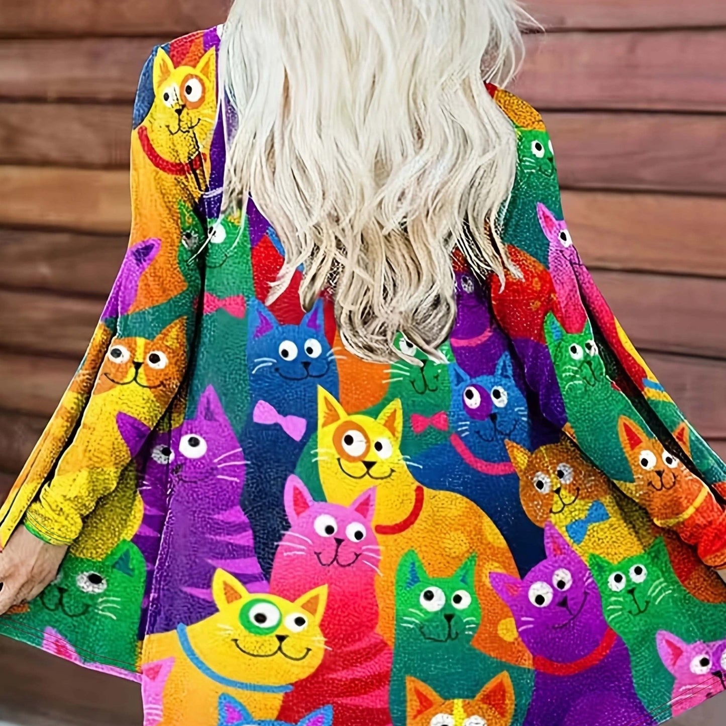 gbolsos Colorful Cat Print Open Front Cardigan, Casual Long Sleeve Cardigan For Spring & Fall, Women's Clothing
