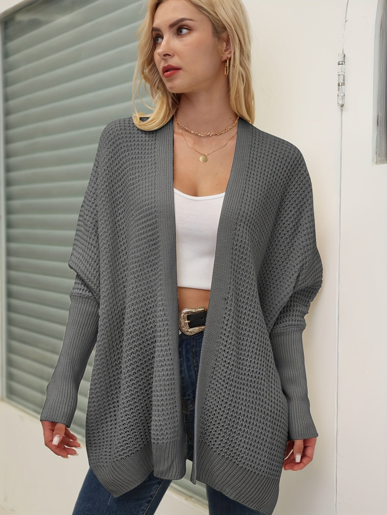 gbolsos Solid Simple Knit Cardigan, Casual Long Sleeve Open Front Sweater, Women's Clothing