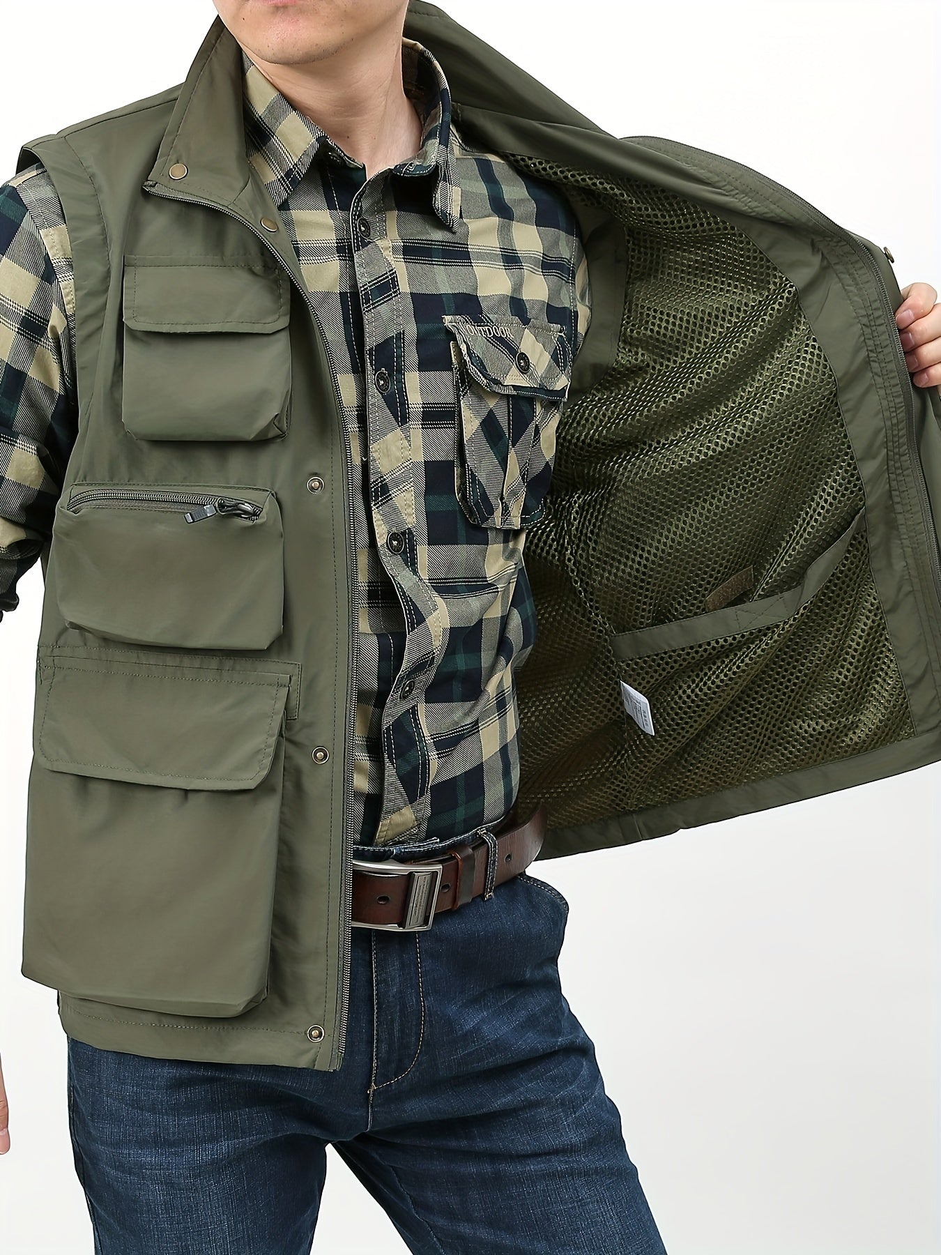 gbolsos Zipper Pockets Cargo Vest, Men's Casual Outwear Stand Collar Zip Up Vest For Summer Outdoor Fishing Photography