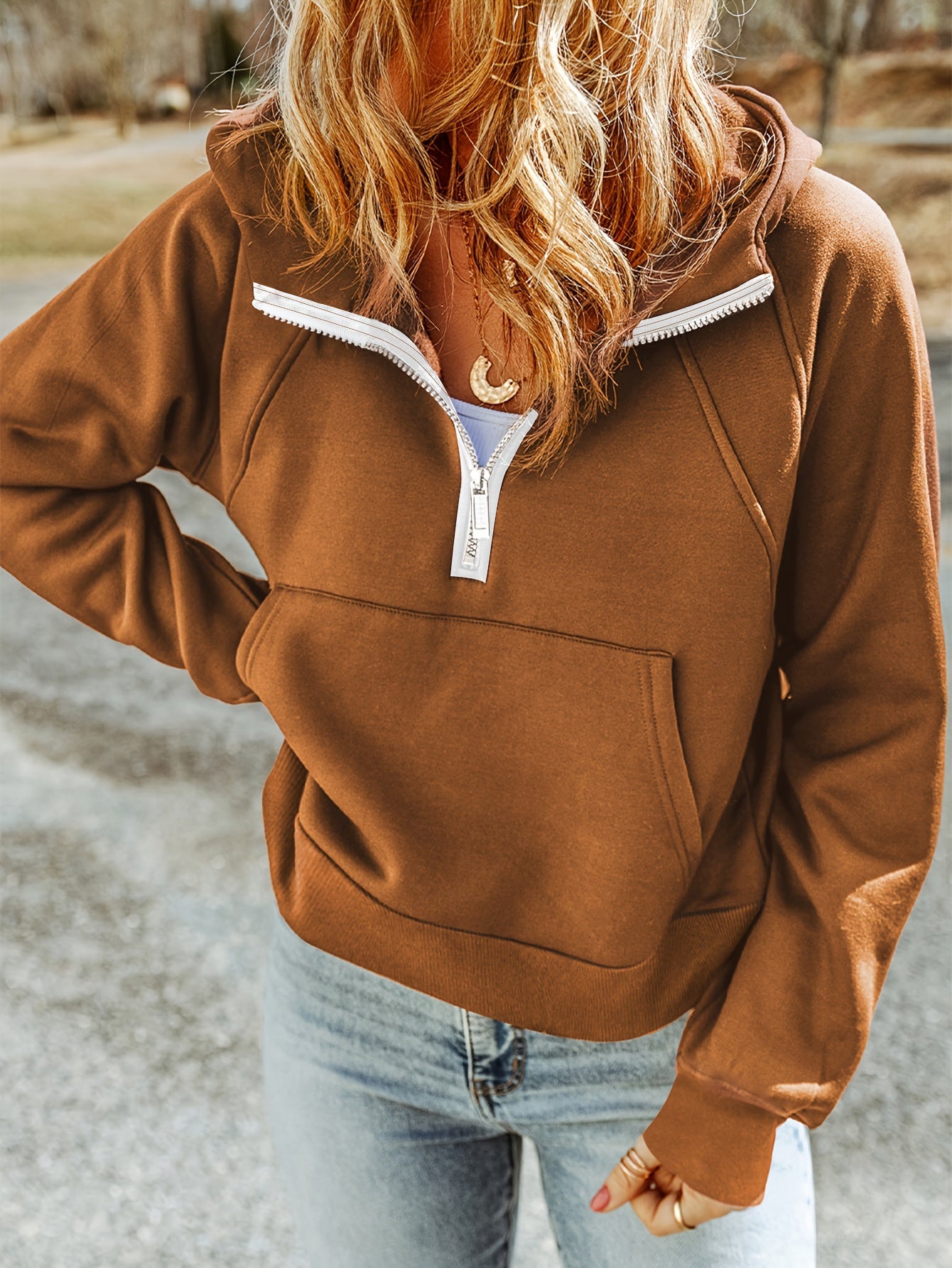gbolsos Solid Half Zip Hoodie, Casual Long Sleeve Pocket Sweatshirt, Women's Clothing
