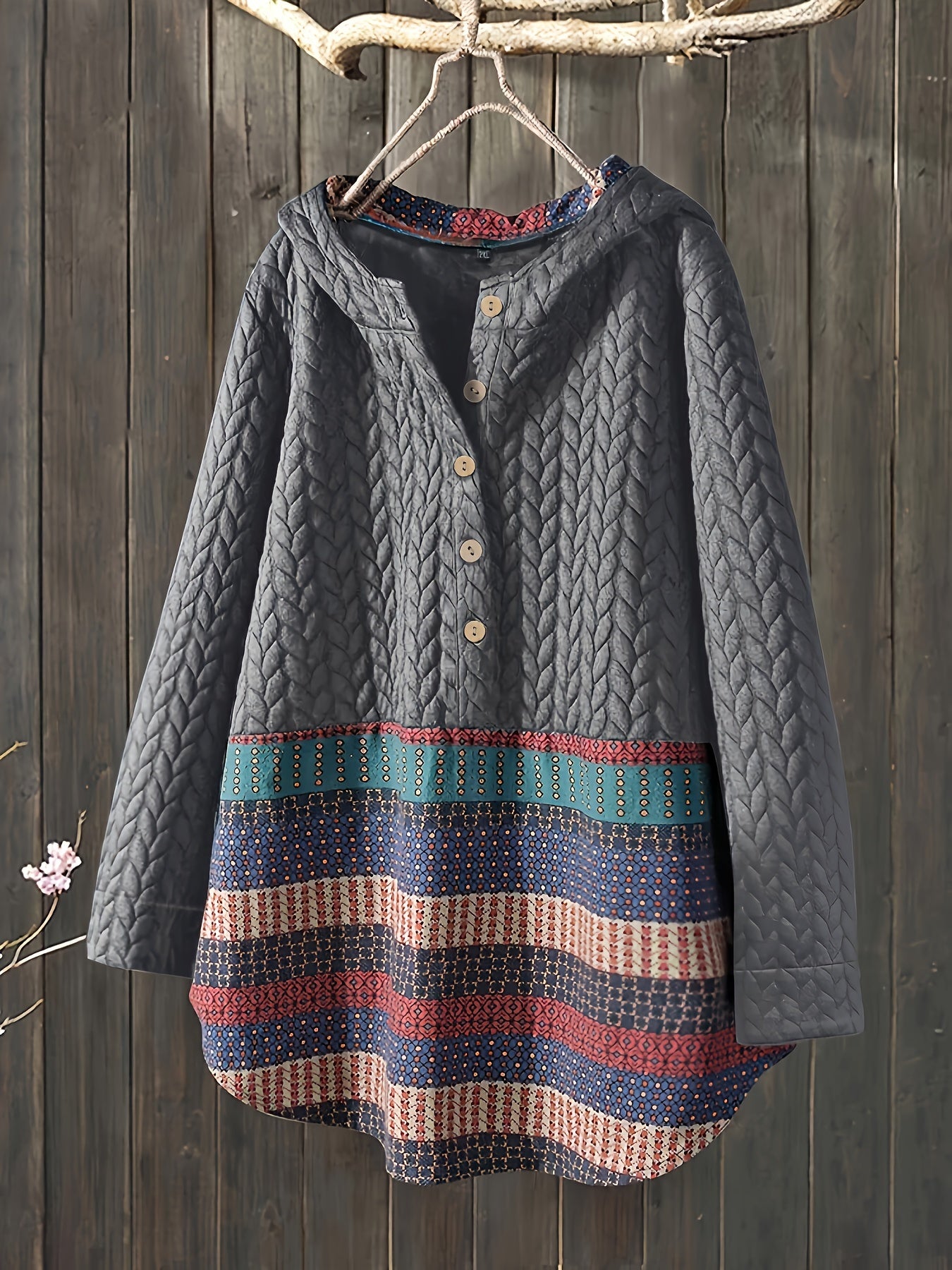 gbolsos Tribal Print Long Sleeve Hooded Padded Jacket, Casual Button Front Loose Hem Outerwear, Women's Clothing