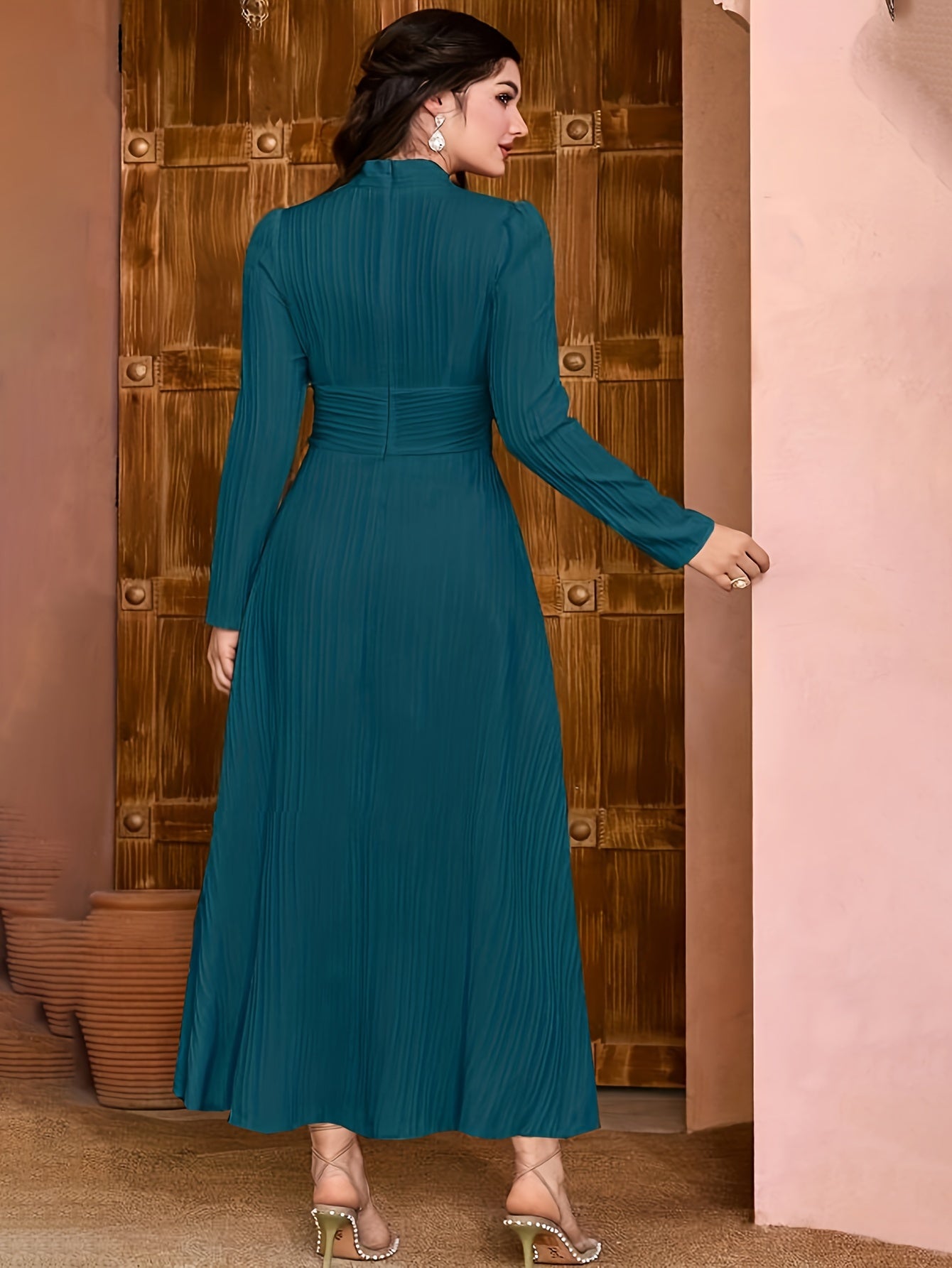 gbolsos Solid V Neck Dress, Elegant Long Sleeve Shirred Waist Dress, Women's Clothing