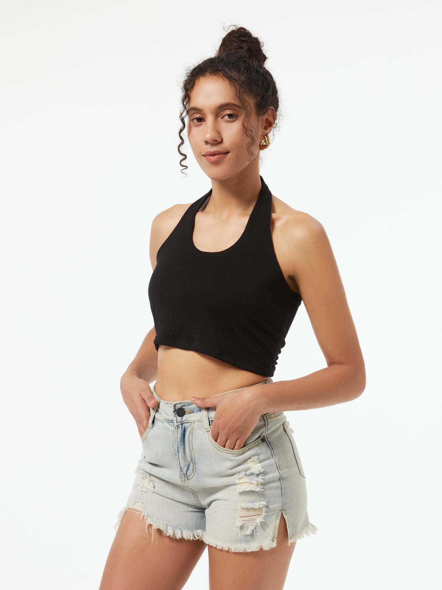 Solid Halter Neck Crop Top, Sexy Backless Halter Top For Summer, Women's Clothing