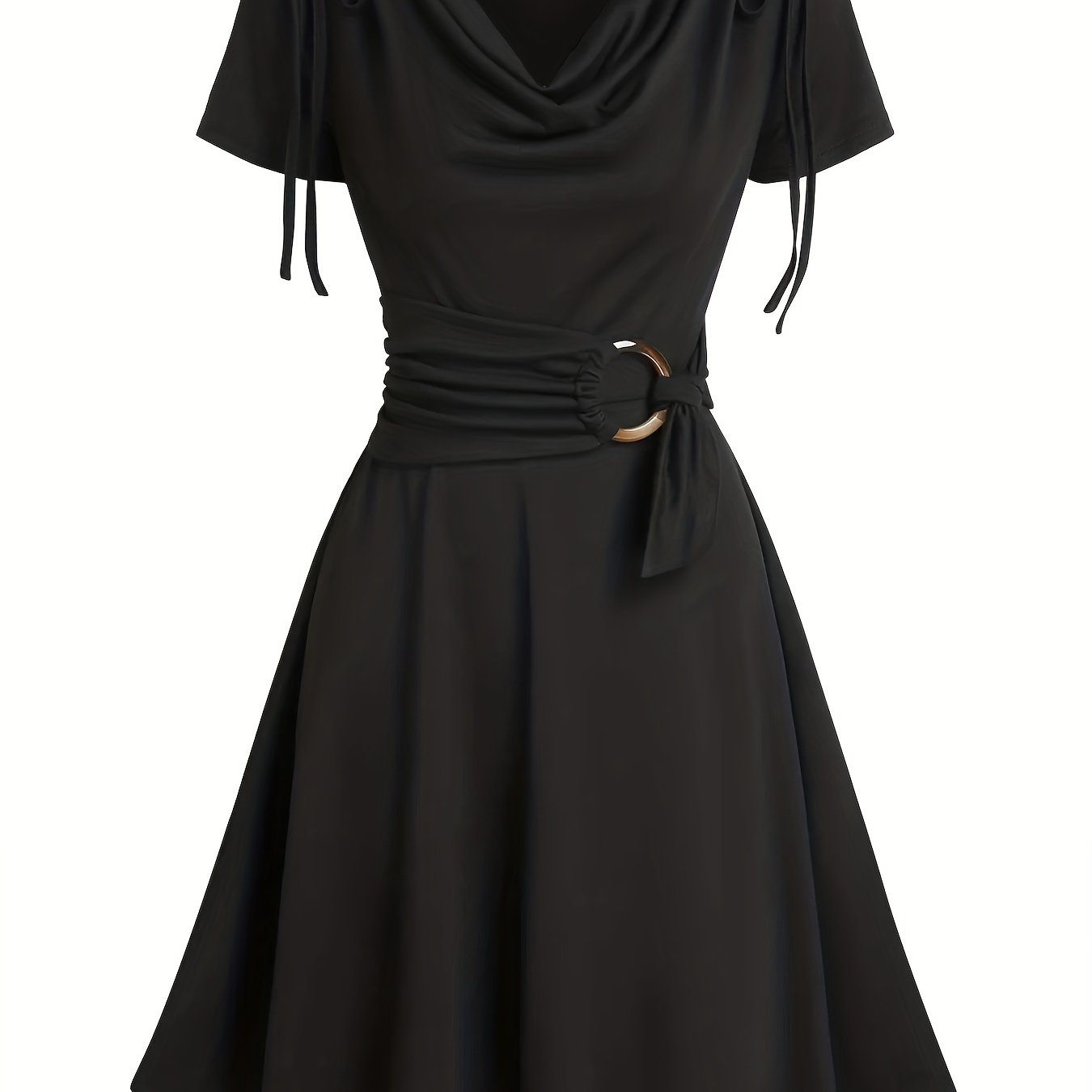 Solid Draped Drawstring Dress, Elegant V Neck Short Sleeve Pleated Dress, Women's Clothing