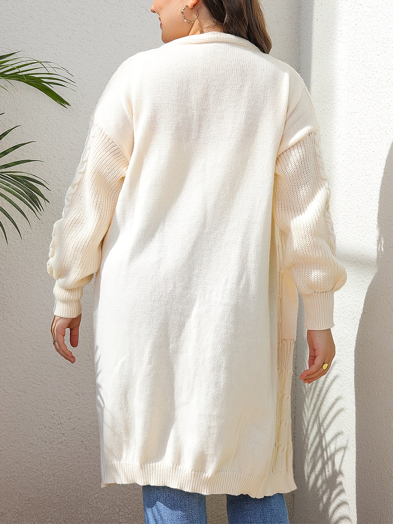 gbolsos Plus Size Casual Cardigan, Women's Plus Solid Jacquard Lantern Sleeve Slight Stretch Knit Cardigan