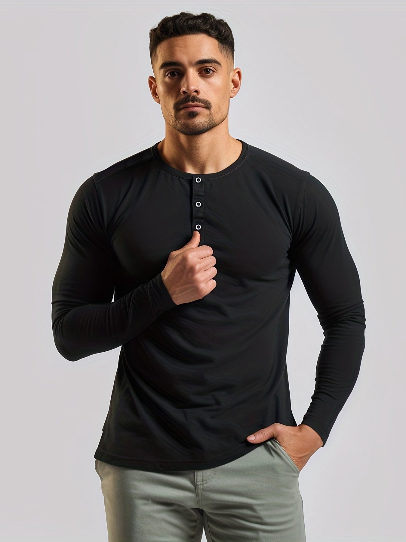 gbolsos Retro Style Men's Solid Long Sleeve Henry Tee, Men's Casual Comfy Clothing For Spring Fall