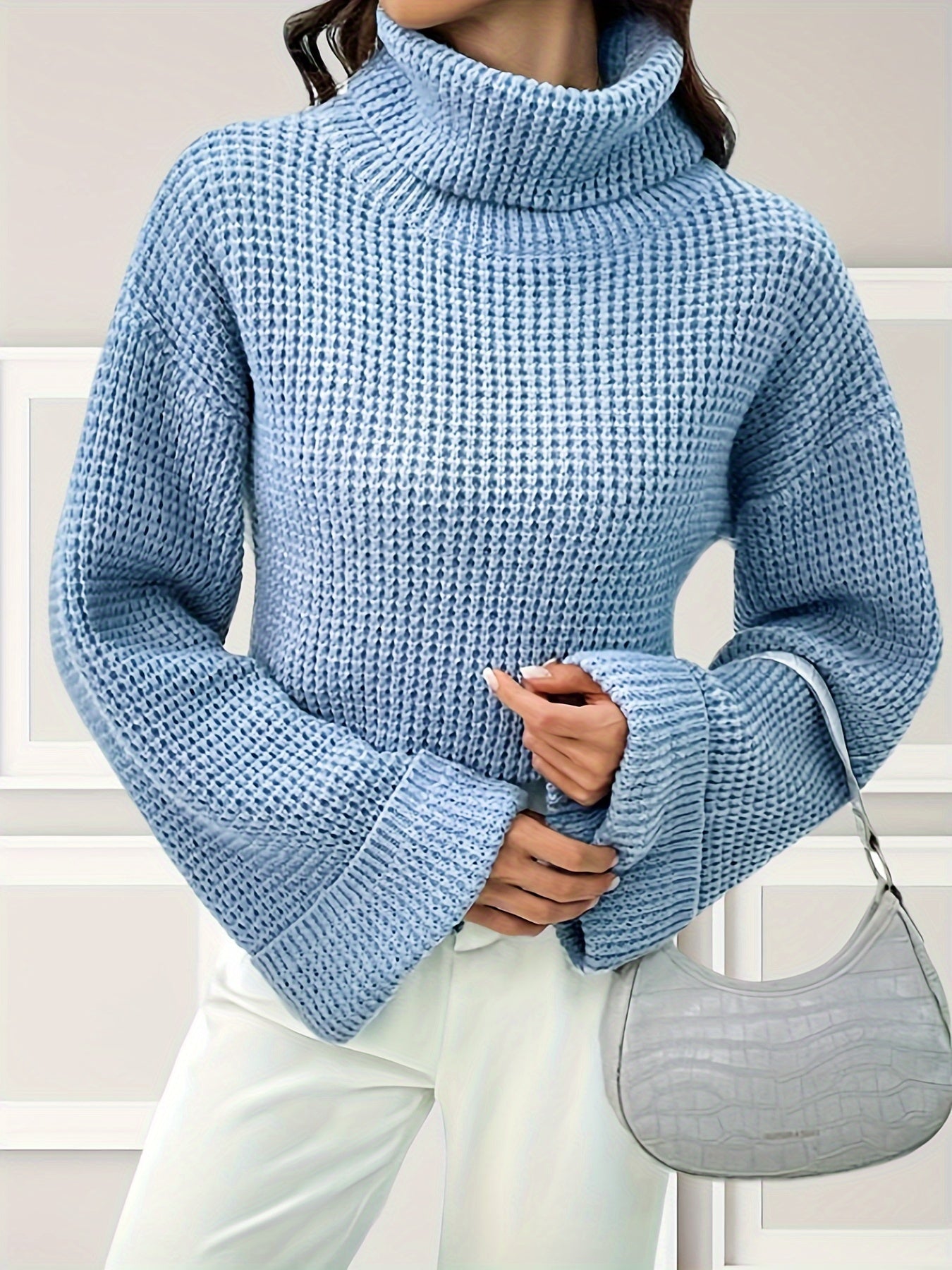 gbolsos Solid Turtle Neck Pullover Sweater, Elegant Long Sleeve Loose Sweater For Fall & Winter, Women's Clothing