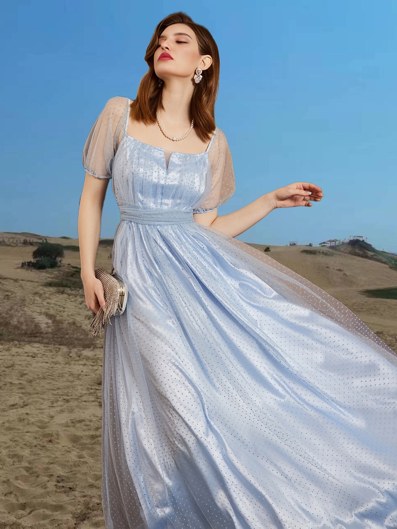 gbolsos Slim Mesh Short Sleeve Dress, Square Neck Bridesmaid Party Guest Evening Gown Dress For Summer & Spring, Women's Clothing