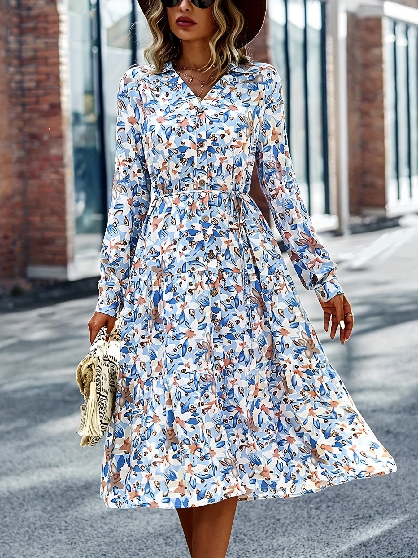 gbolsos Floral Print Button Front Dress, Boho Long Sleeve V Neck Dress, Women's Clothing