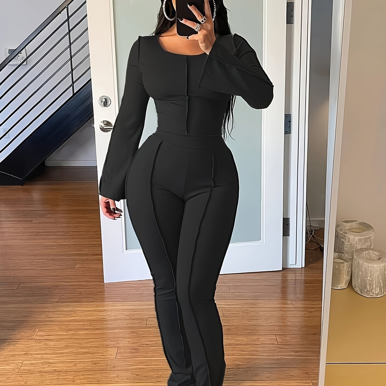 Solid Rib Two-piece Set, Flared Sleeve Crew Neck Tops & High Waist Long Length Pants Outfits, Women's Clothing