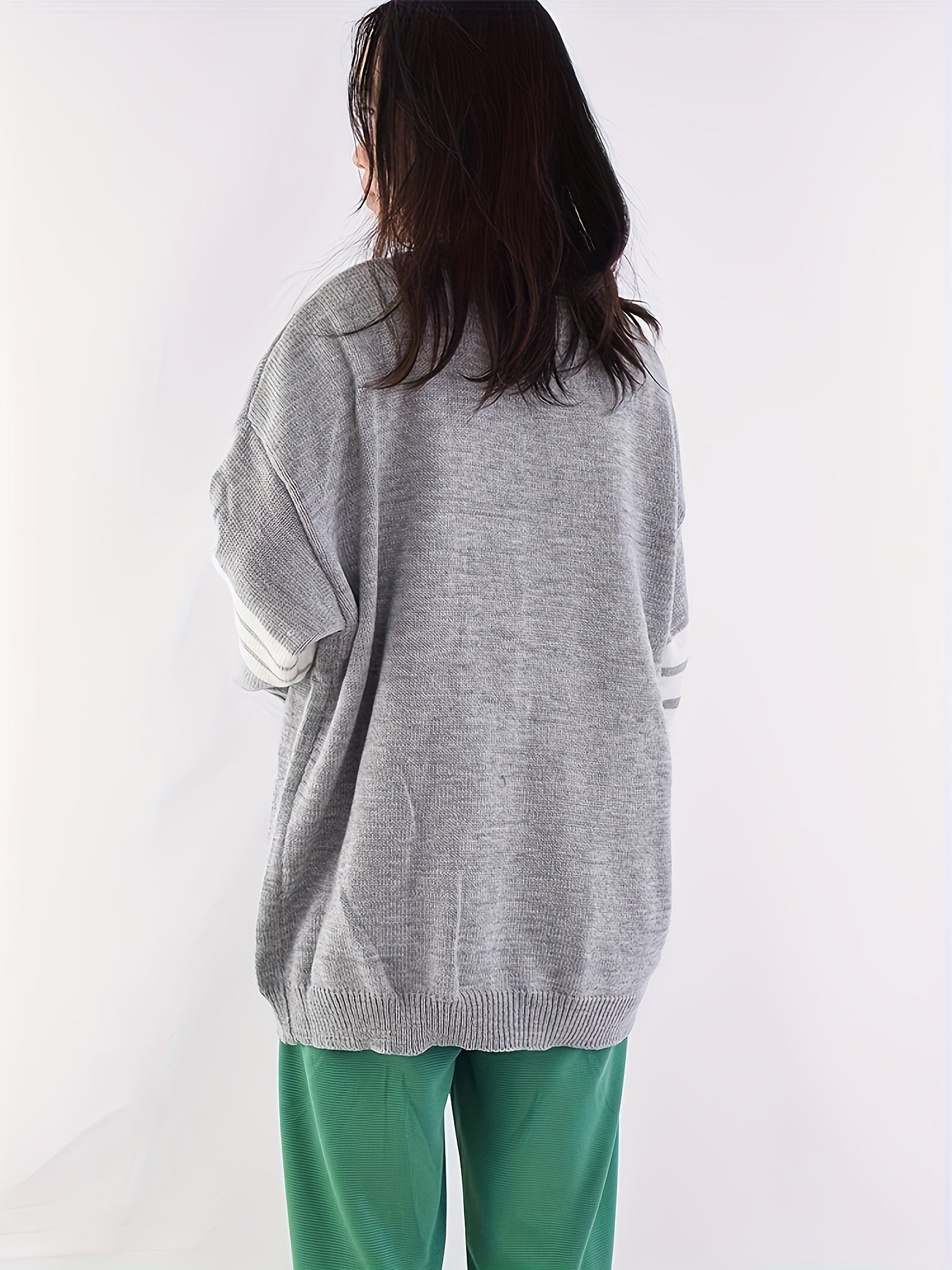 gbolsos Striped Print Button Front Knit Cardigan, Casual V Neck Long Sleeve Sweater For Pockets, Women's Clothing