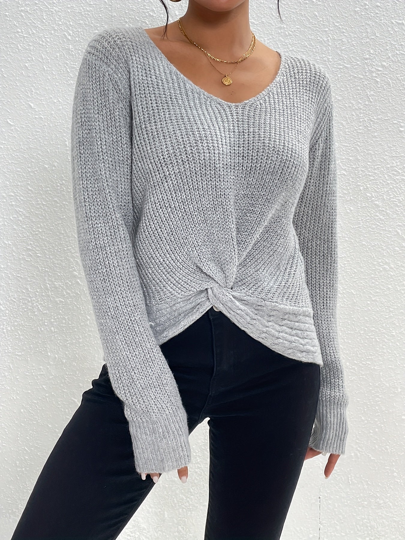 Twist Front V Neck Sweater, Casual Long Sleeve Sweater For Fall & Winter, Women's Clothing
