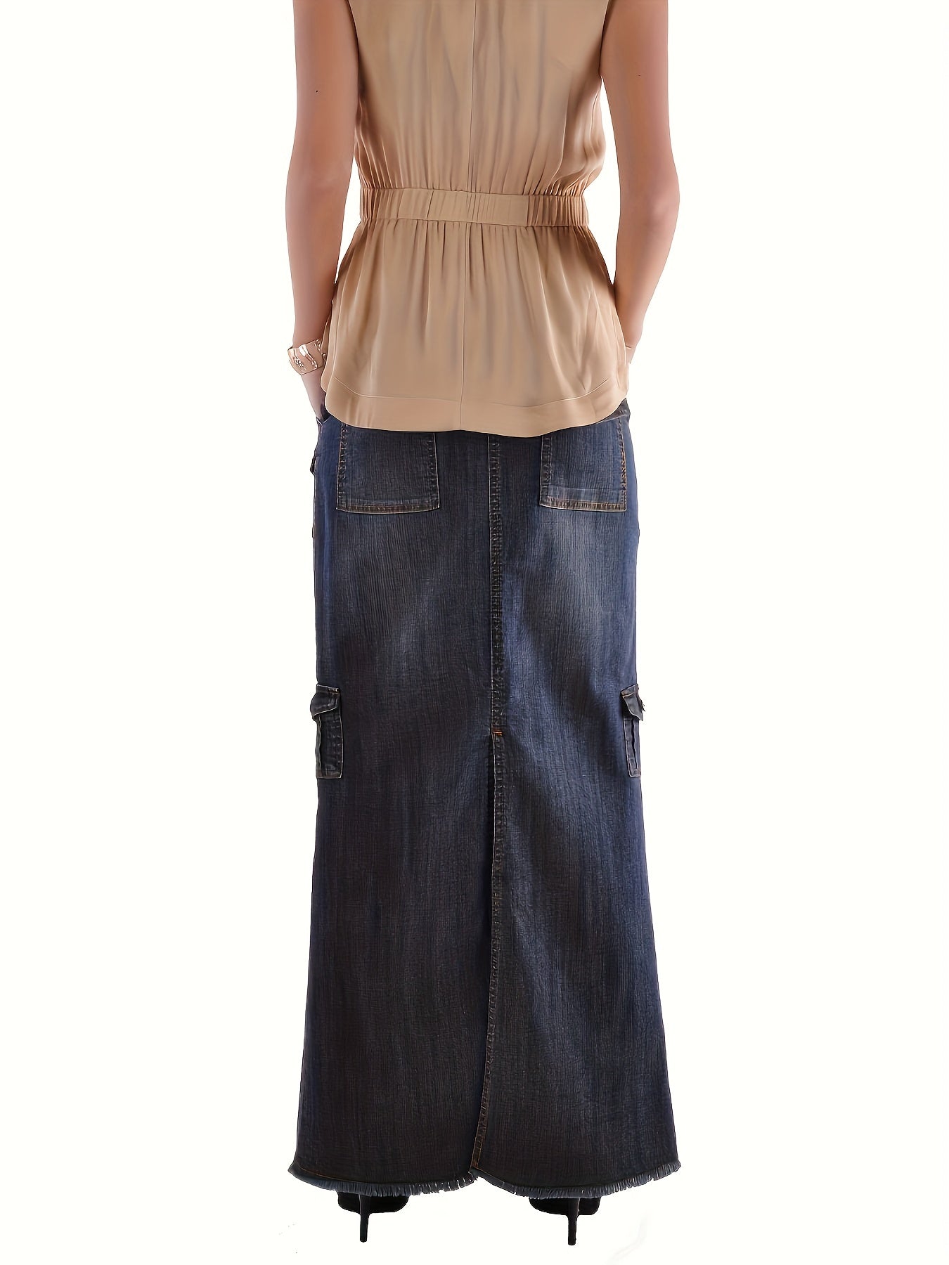 Blue Flap Pockets Cargo Denim Maxi Skirt, Raw Hem Single-Breasted Button Retro Denim Skirt, Women's Denim Clothing