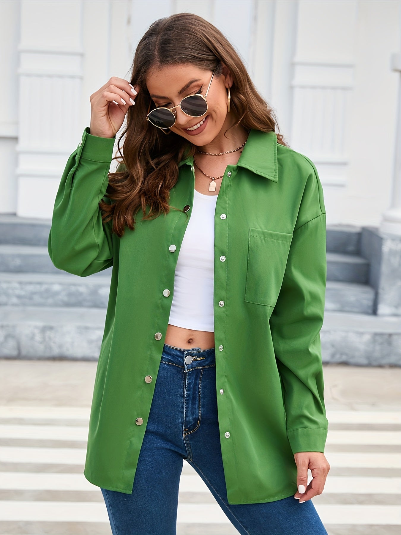 gbolsos Solid Pocket Polo Collar Shirt, Casual Long Sleeve Shirt For Spring & Fall, Women's Clothing