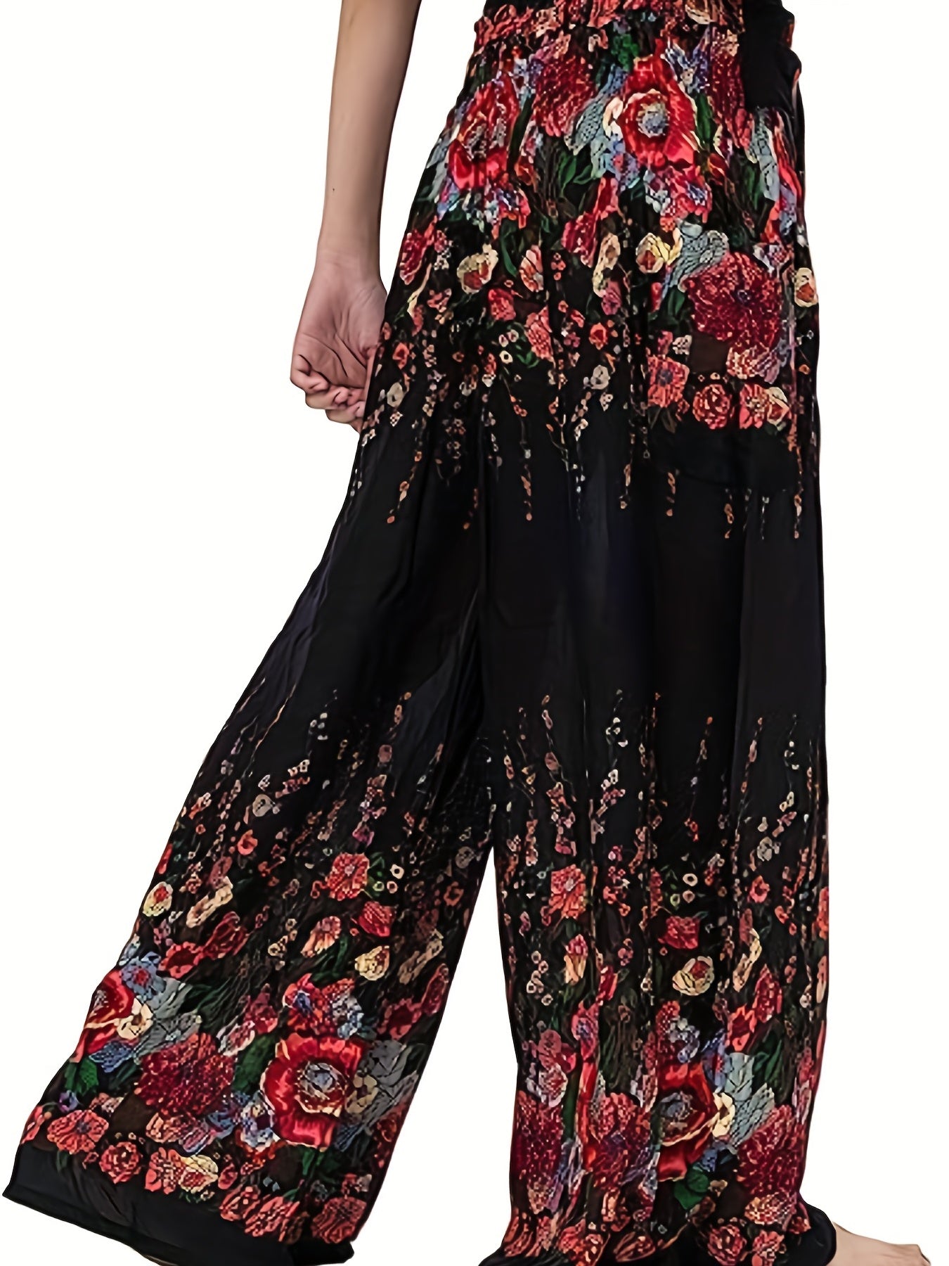 Plus Size Boho Pants, Women's Plus Floral Print High Rise Wide Leg Trousers With Belt