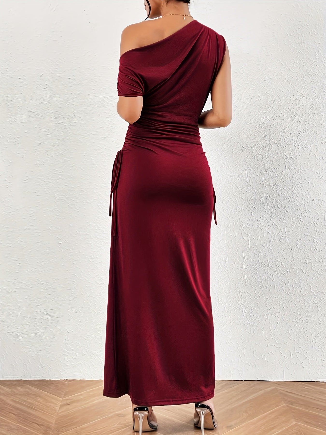 Solid One Shoulder Dress, Elegant Ruched Short Sleeve Lace Up Dress, Women's Clothing