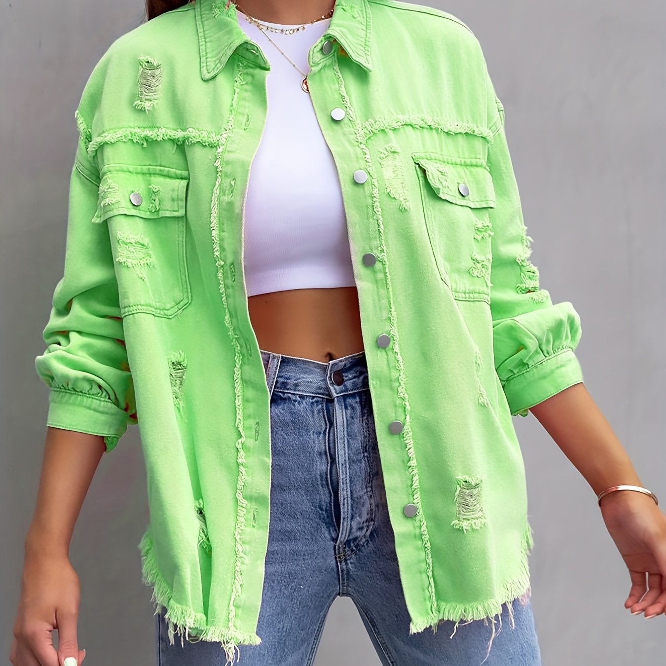 Raw Hem Ripped Distressed Denim Jacket, Flap Pockets Long Sleeves Street Style Single-Breasted Denim Coat, Women's Denim Jeans & Clothing