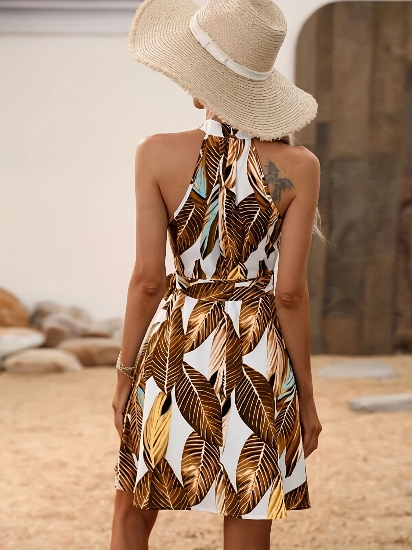 Leaf Print Halter Neck Dress, Boho Sleeveless Tie Front Dress For Spring & Summer, Women's Clothing