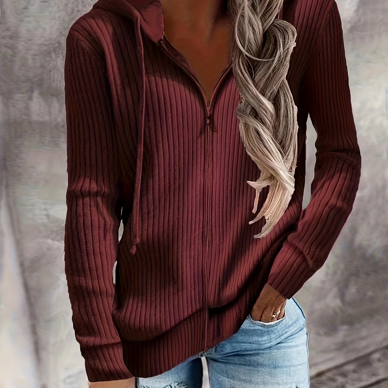 Zip Up Drawstring Hoodies, Casual Soldi Long Sleeve Sweatshirt, Women's Clothing