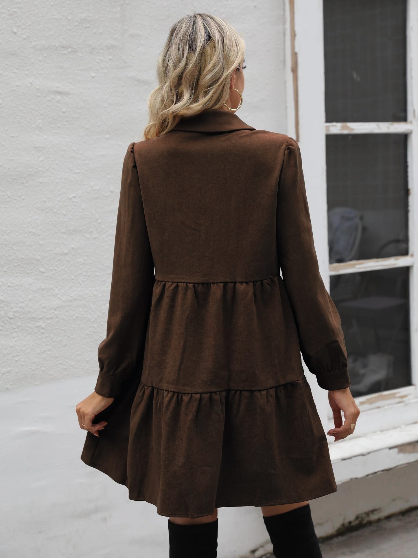 gbolsos Casual Solid Button Down Dress, Turn Down Collar Long Sleeve Dress For Fall & Winter, Women's Clothing