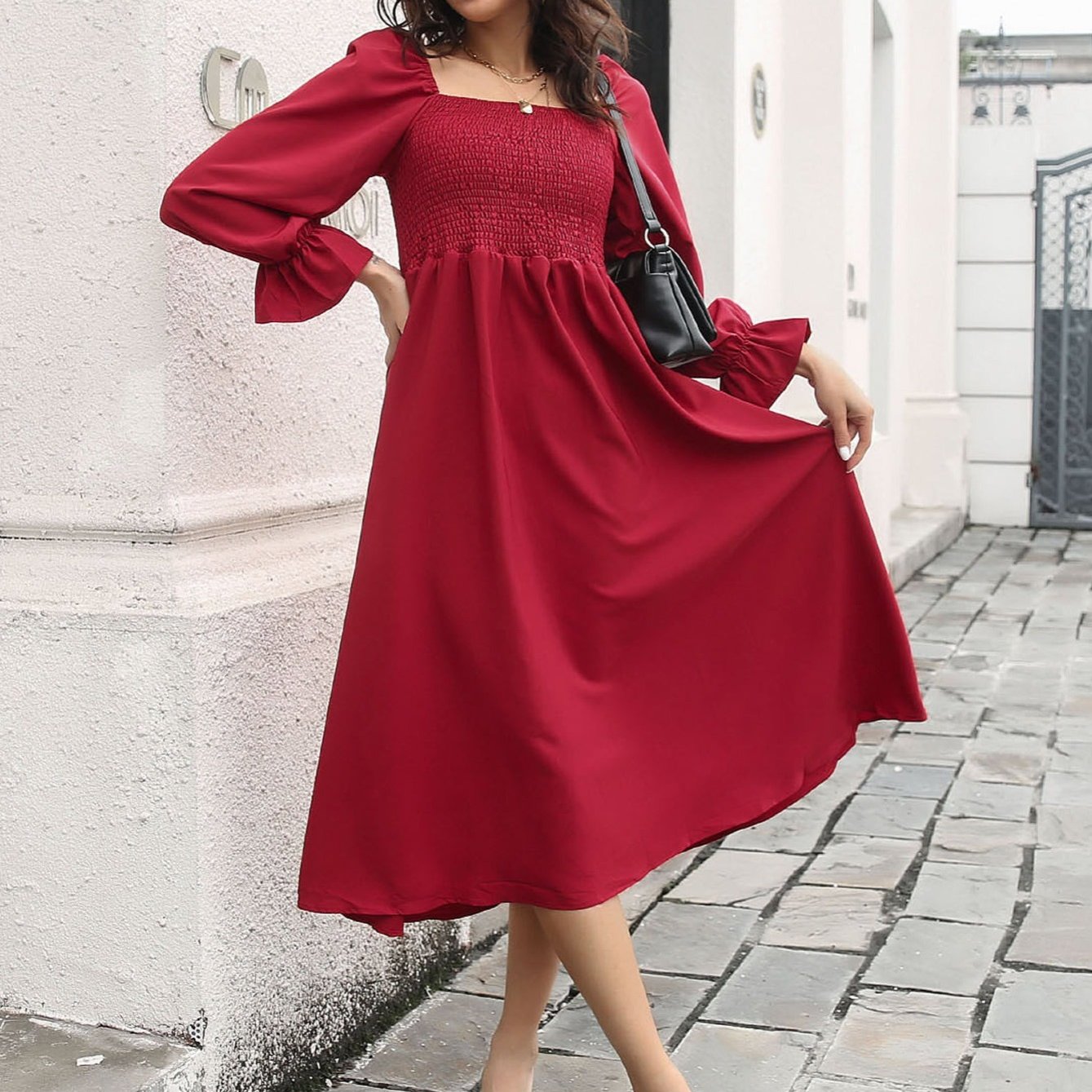 Women's Dresses Flared Sleeve T-Neck Long Sleeve Pleated Dresses
