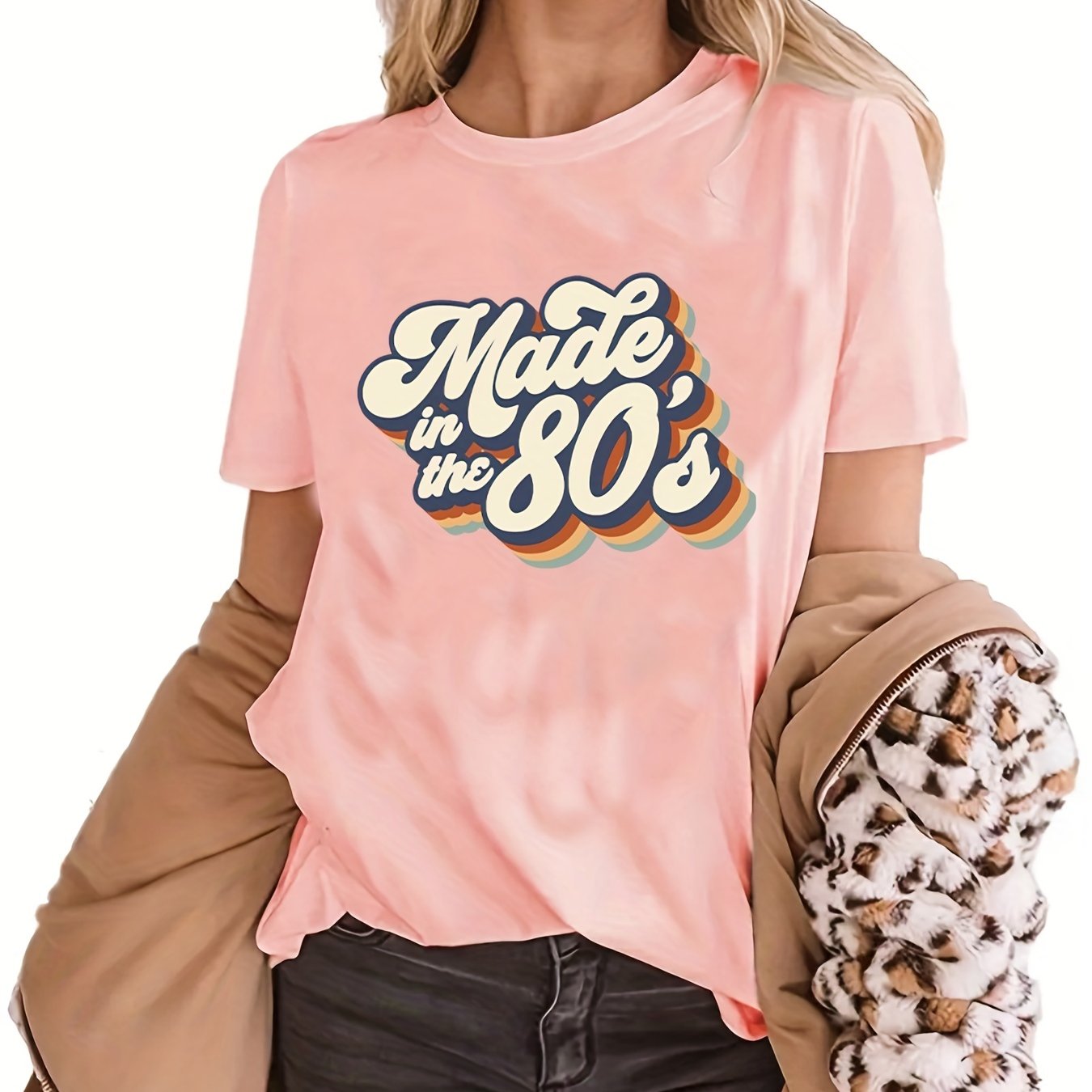 gbolsos "Made In The 203.2cms" Letter Print T-shirts, Crew Neck Short Sleeve Summer Sports Top, Women's Clothing