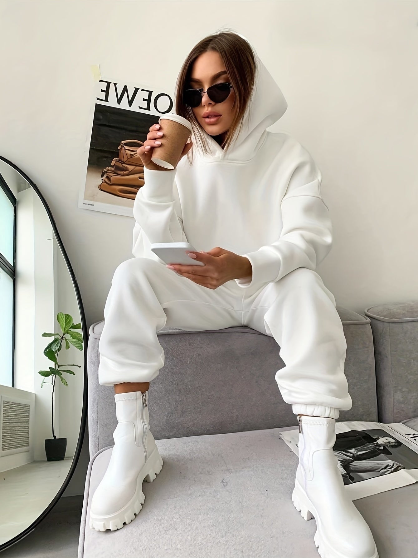 gbolsos Casual Two-piece Set, Solid Hoodie & Elastic Waist Jogger Pants Outfits, Women's Clothing