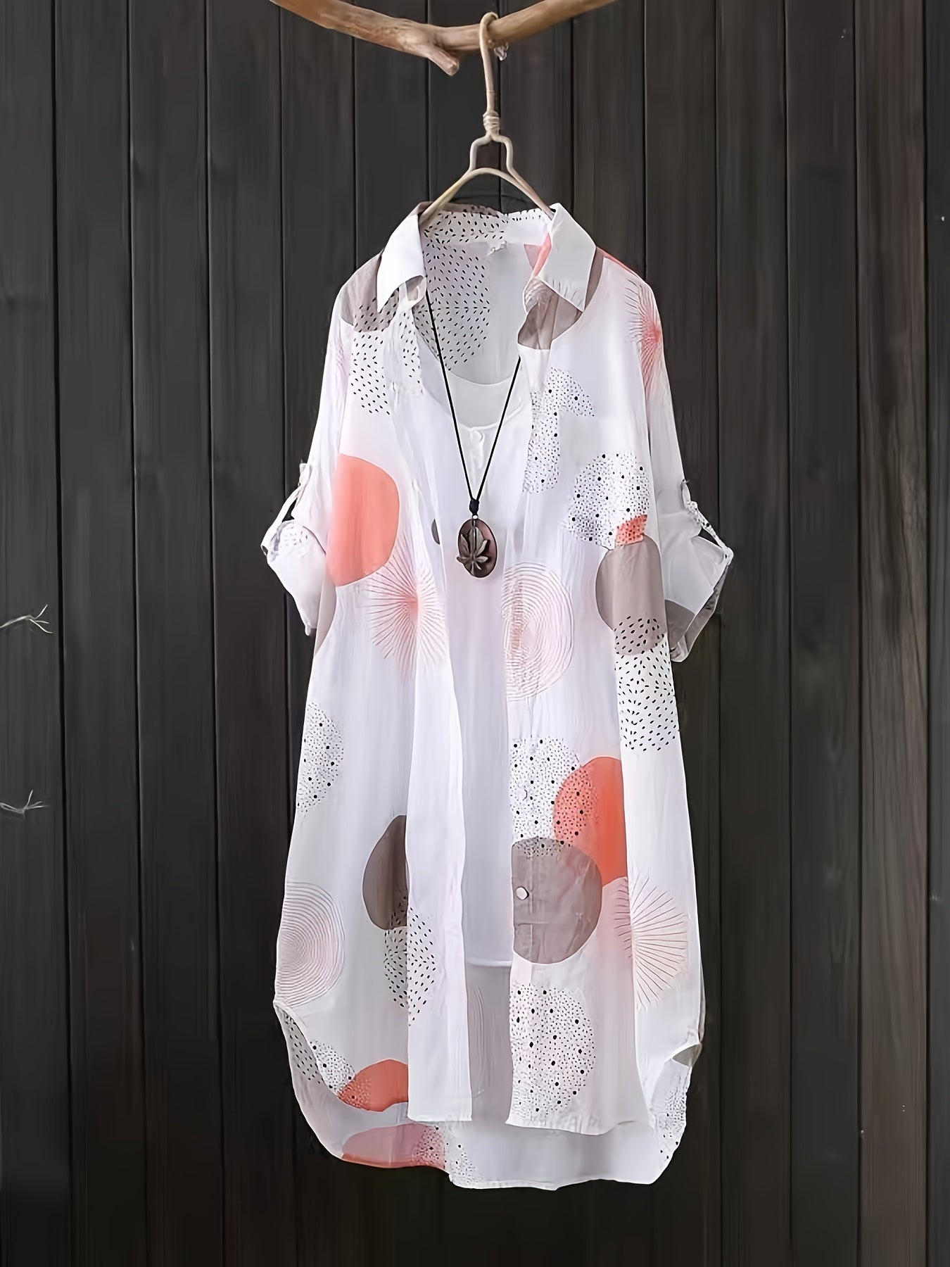 gbolsos Allover Print Button Front Blouse, Casual Long Sleeve Thigh Length Blouse For Spring & Fall, Women's Clothing