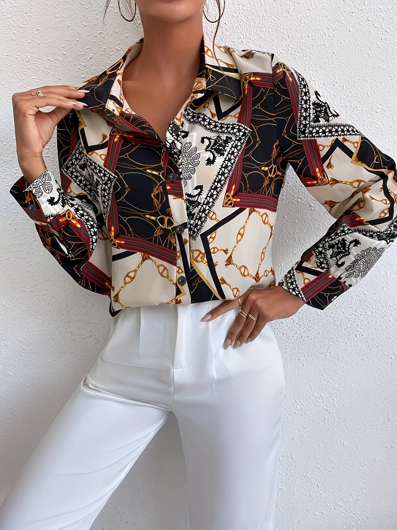 gbolsos Chain Print V-neck Loose Lapel Blouses, Casual Button Down Long Sleeve Fashion Shirts Tops, Women's Clothing