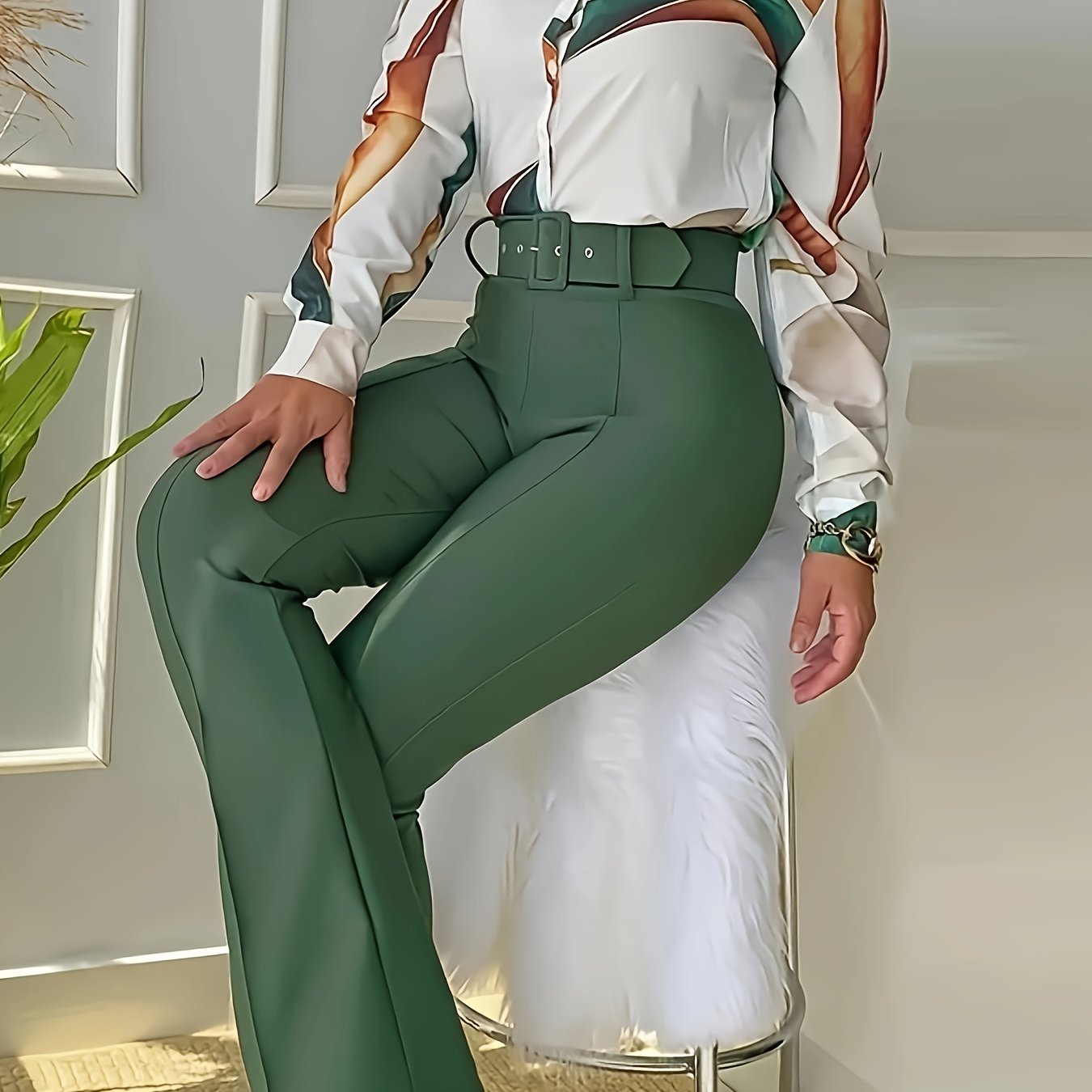 gbolsos Solid Slim Flared Leg Pants, Casual High Waist Commuter Pants With Belt, Women's Clothing
