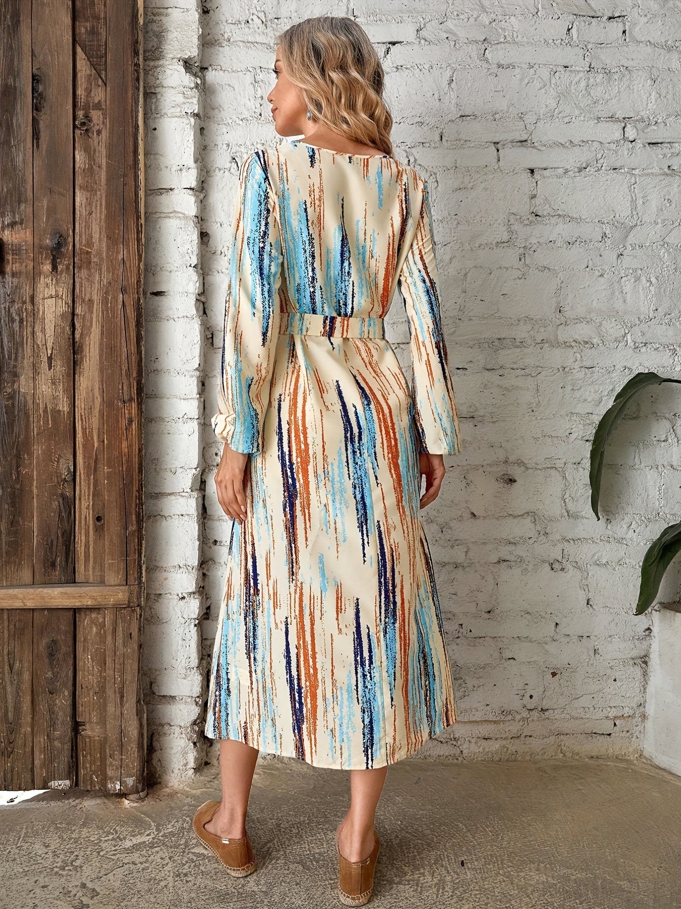 gbolsos Abstract Print Midi Dress, Casual V Neck Long Sleeve Dress, Women's Clothing