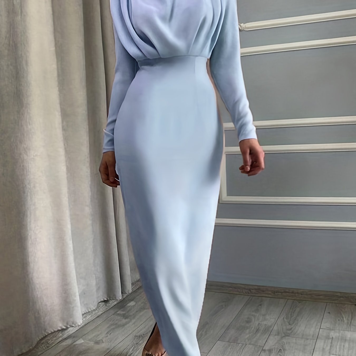 Solid Ruched Dress, Elegant Simple Long Sleeve Slim Waist Dress, Women's Clothing