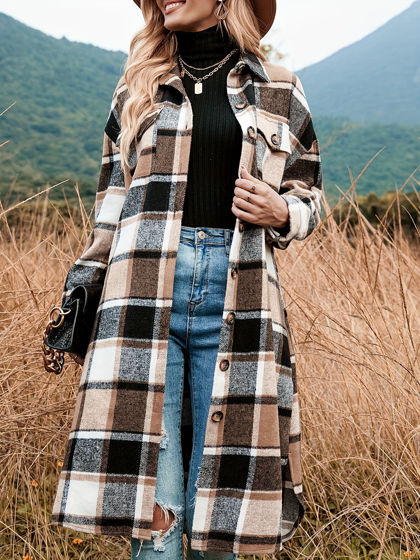 gbolsos Plaid Shacket Split Lapel Jacket, Button Down With Pockets Outerwear, Women's Clothing