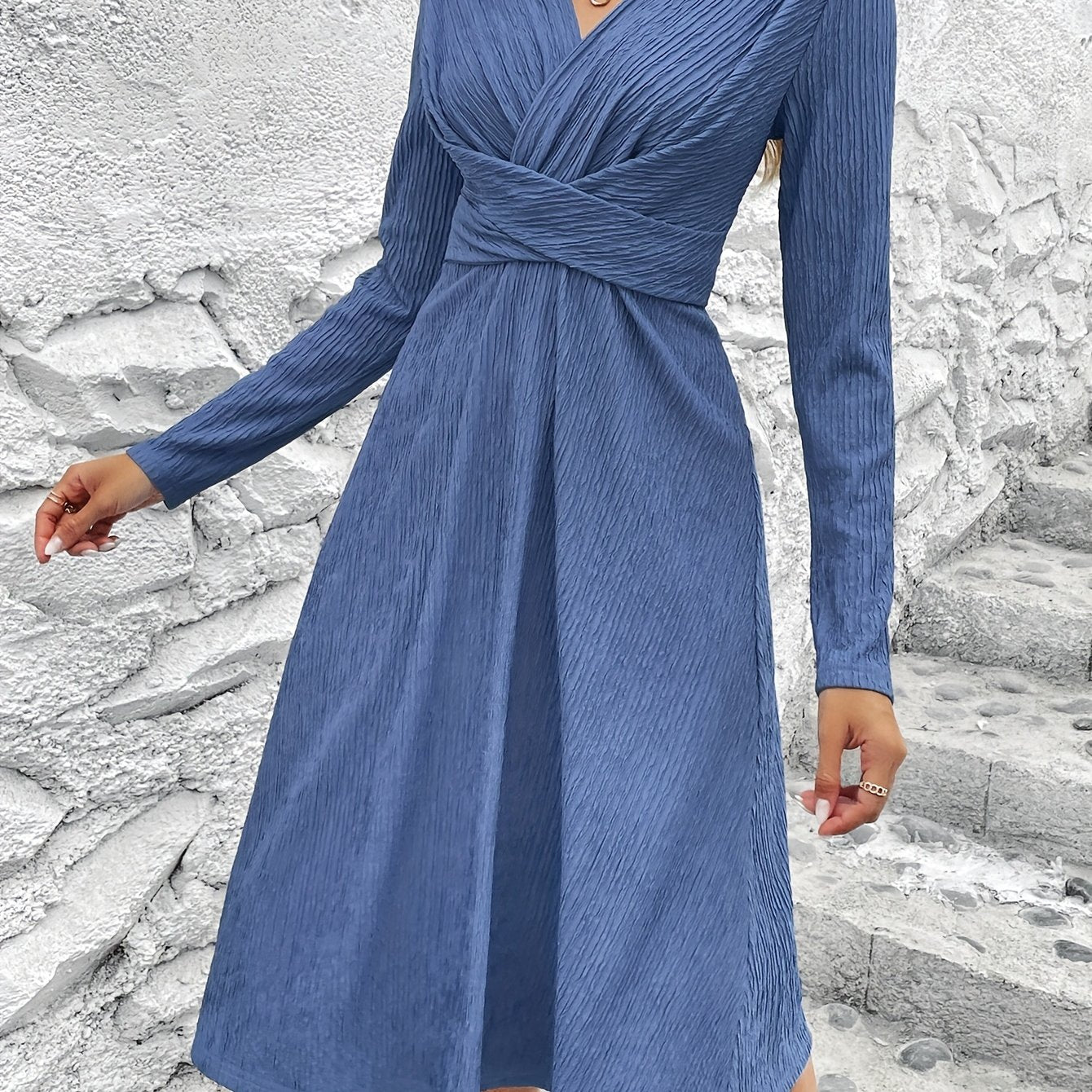 Criss Cross Solid Dress, Elegant Simple V Neck Long Sleeve Dress, Women's Clothing