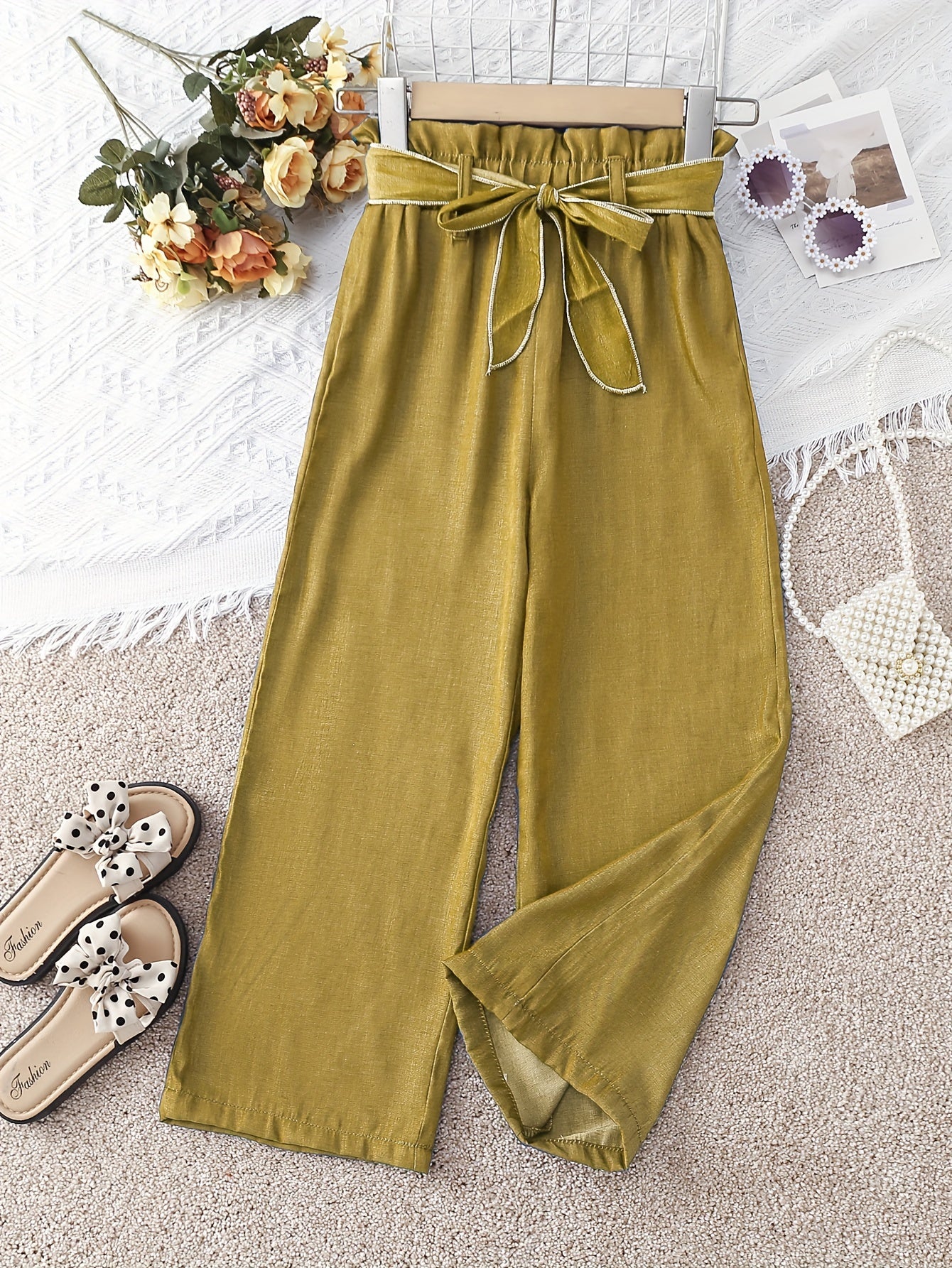 gbolsos Girls' Cosy Faux Denim Print Wide Leg Casual Pants Trousers With Belt For Spring/Summer/Fall