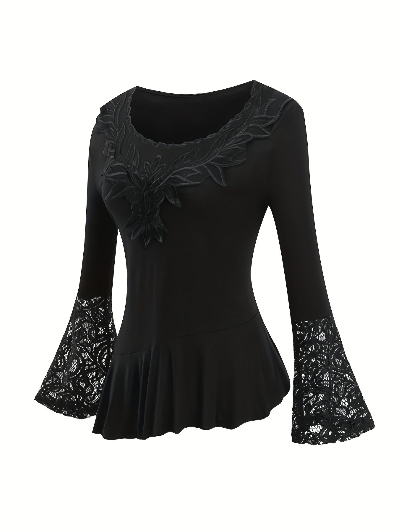 gbolsos Solid Contrast Lace Crew Neck Asymmetrical Hem T-shirt, Elegant Long Flare Sleeve T-shirt, Women's Clothing