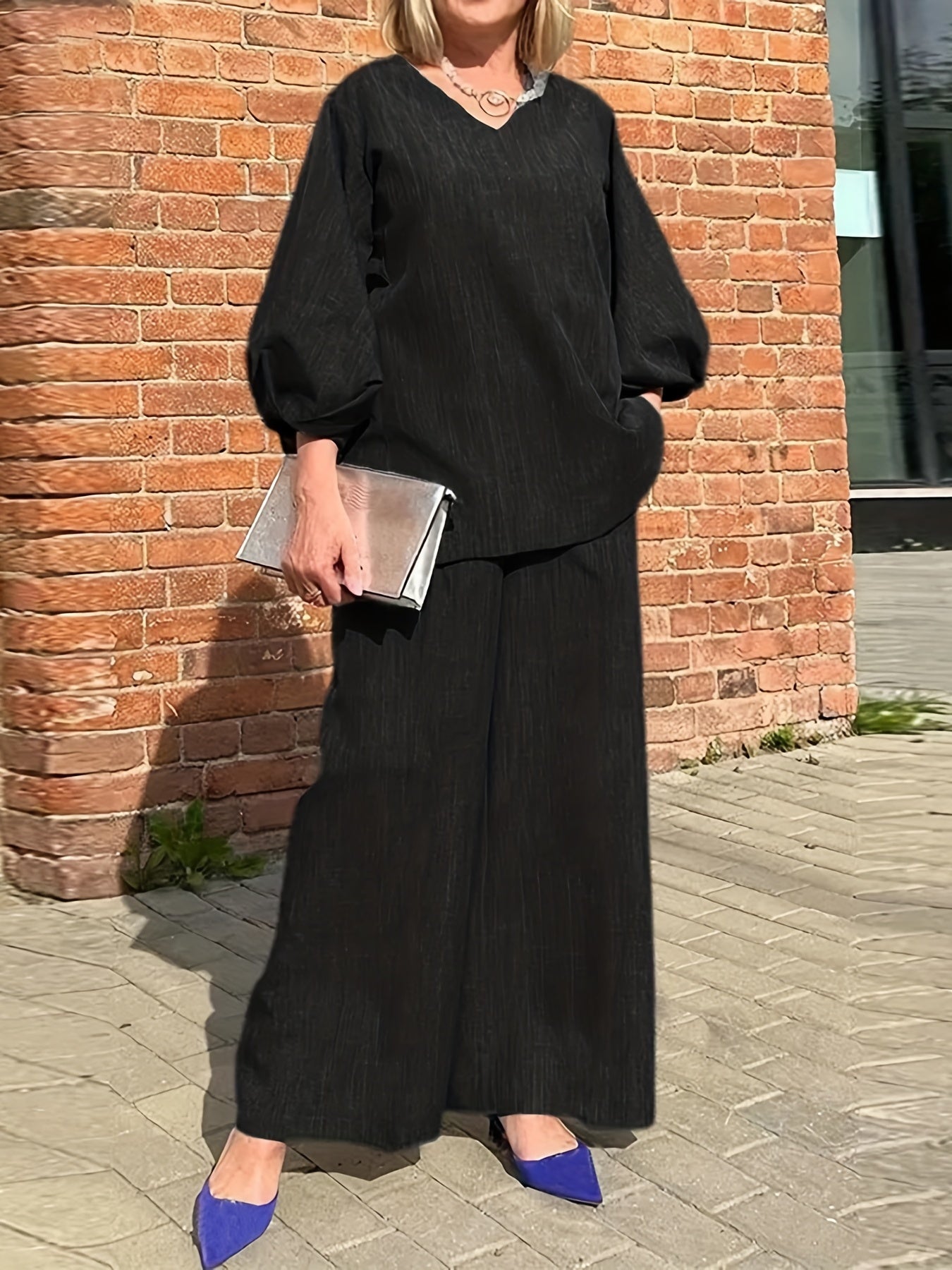 Solid Casual Two-piece Set, V Neck Lantern Sleeve Tops & Wide Leg Pants Outfits, Women's Clothing