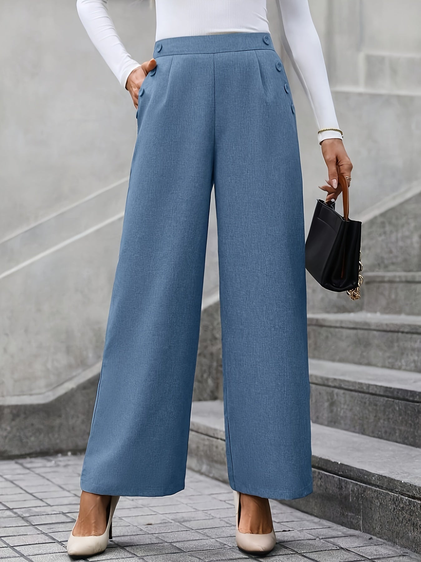 gbolsos Solid Button Decor Wide Leg Pants, Elegant High Waist Slant Pocket Pants, Women's Clothing