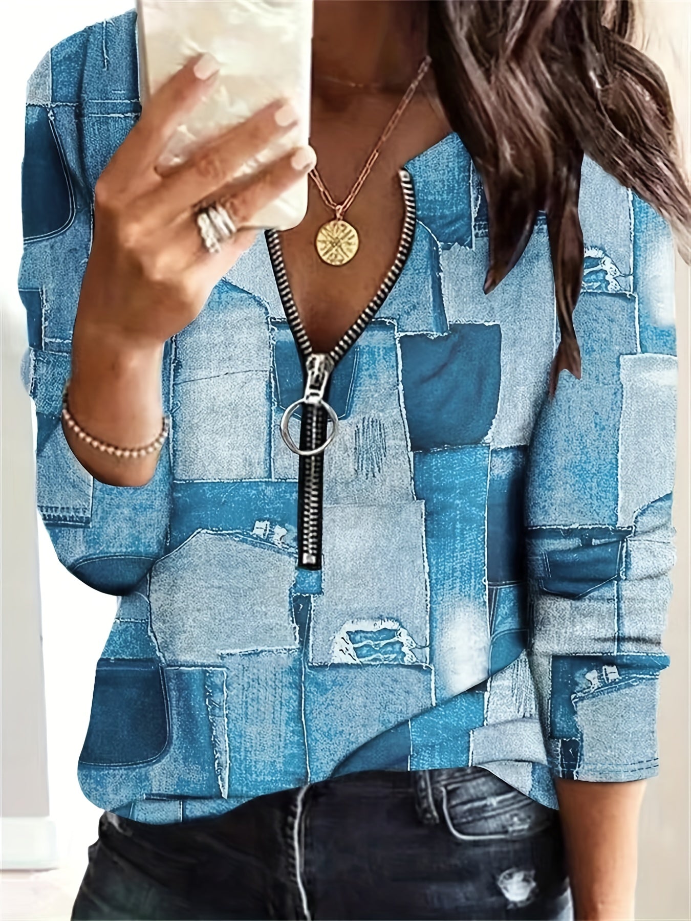 gbolsos Abstract Graphic Print Zip Front T-Shirt, Casual Long Sleeve Top For Spring & Fall, Women's Clothing