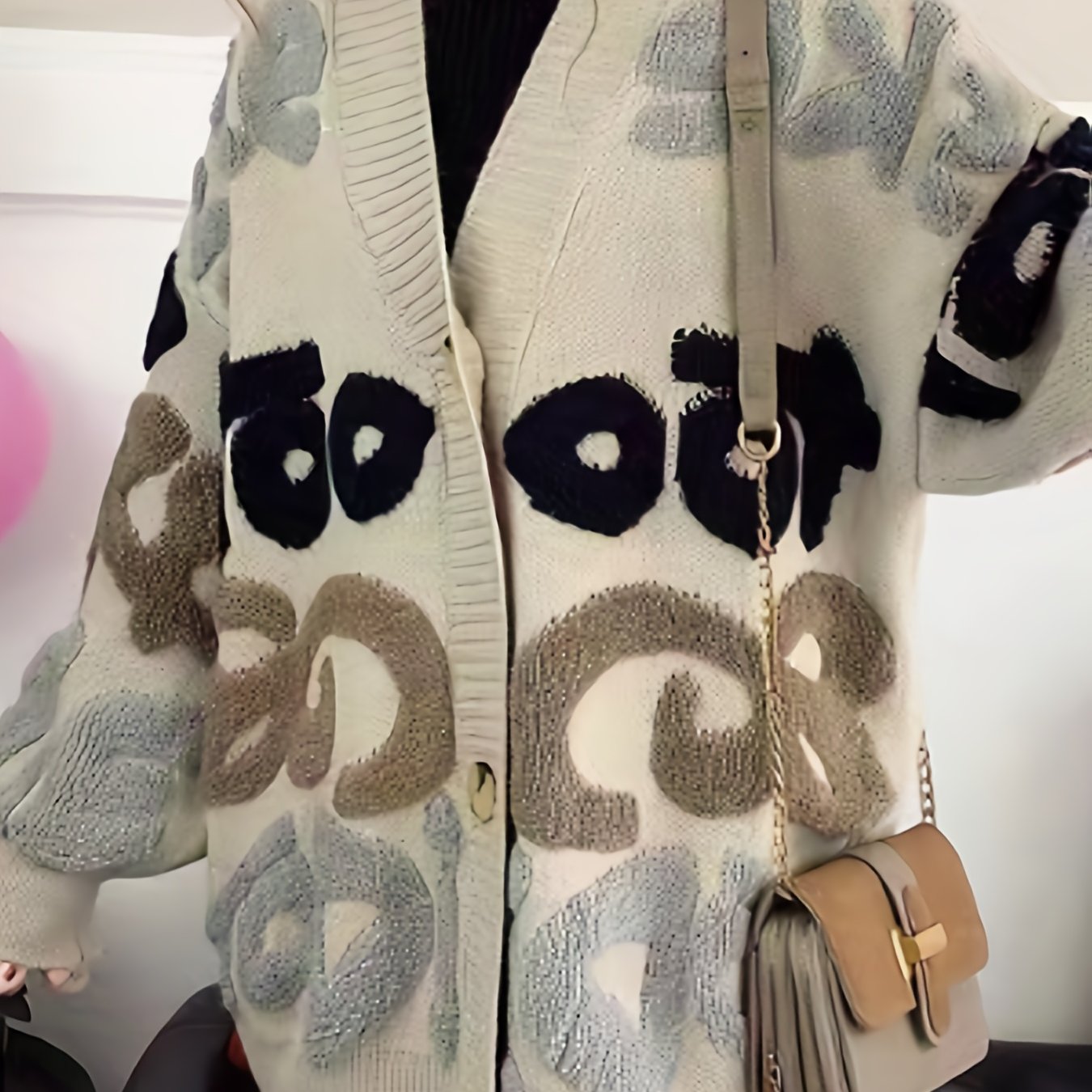 gbolsos Letter Pattern Button Down Knit Cardigan, Casual Long Sleeve Loose Thick Sweater Jacket, Women's Clothing