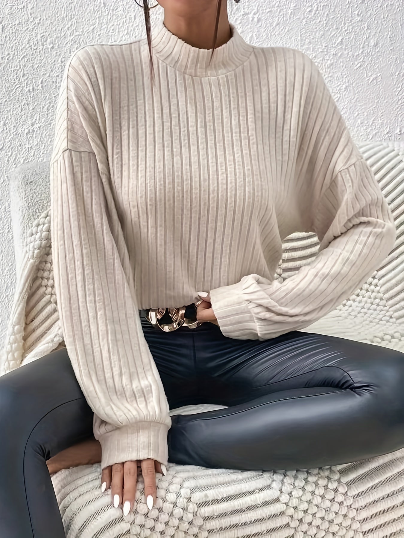 Ribbed Knit Crew Neck Sweater, Casual Long Sleeve Sweater For Fall & Winter, Women's Clothing