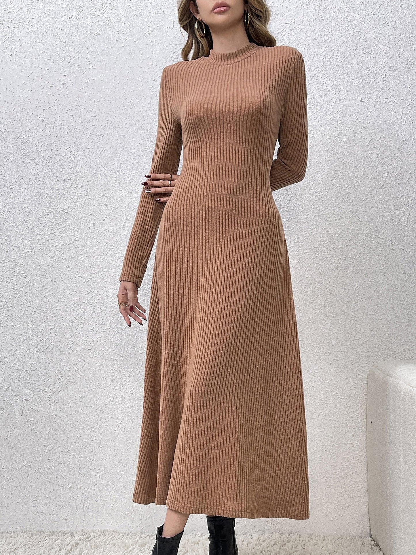 Solid Mock Neck Dress, Elegant Long Sleeve Dress For Fall & Winter, Women's Clothing