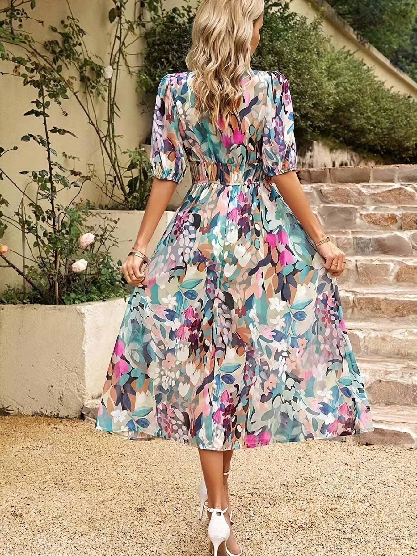 gbolsos Floral Print V Neck Dress, Boho Short Sleeve Ruched Waist Dress For Spring & Summer, Women's Clothing