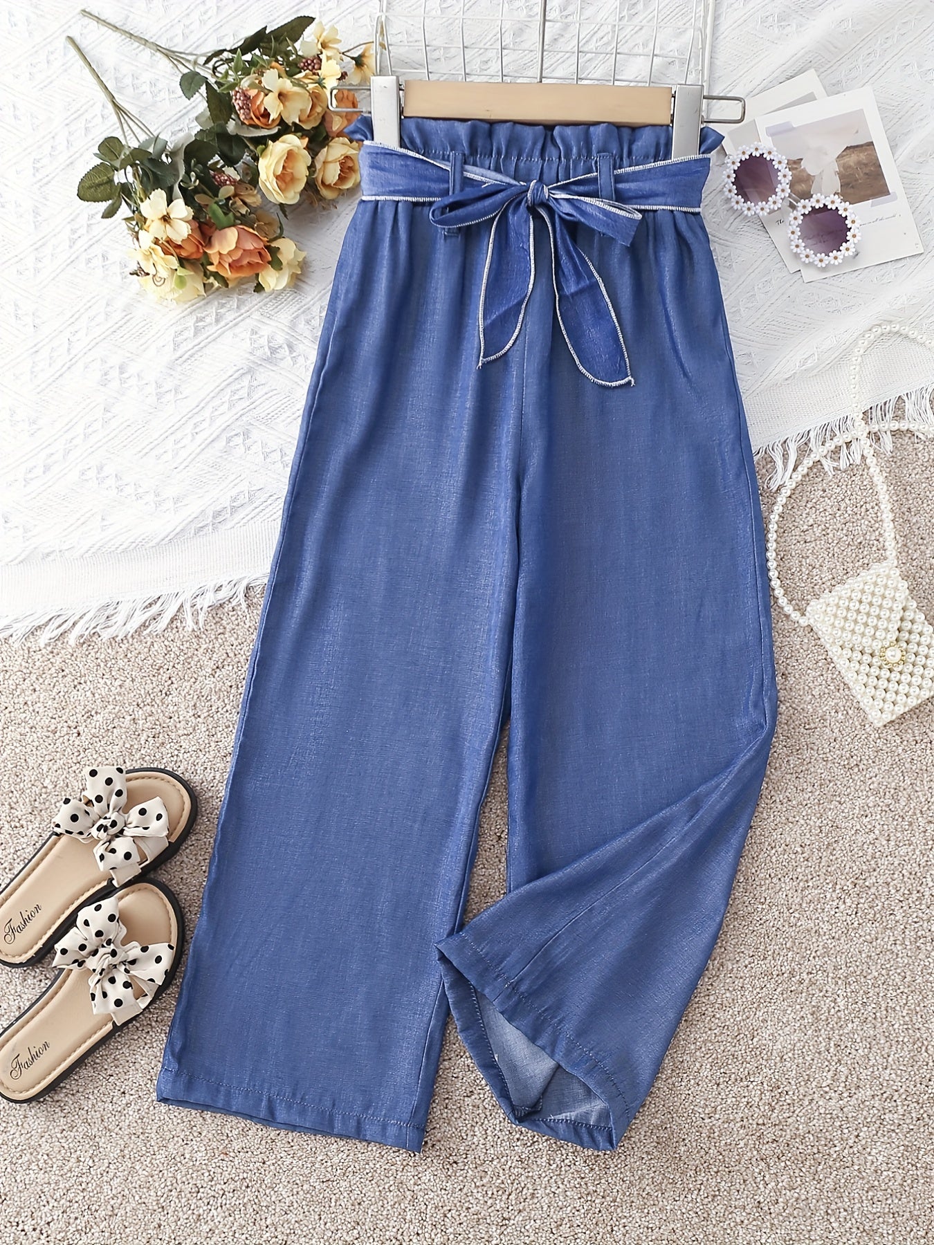 gbolsos Girls' Cosy Faux Denim Print Wide Leg Casual Pants Trousers With Belt For Spring/Summer/Fall