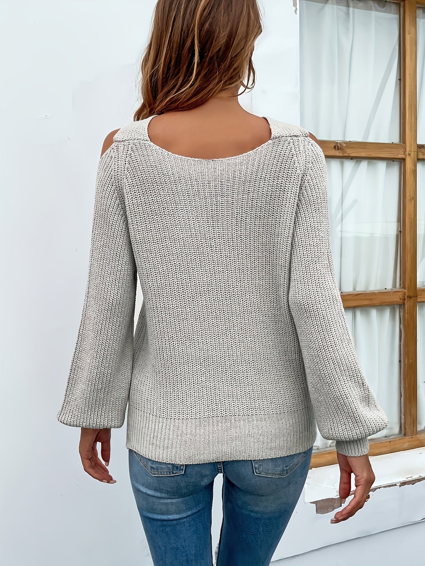 Criss Cross Solid Knit Sweater, Casual Cold Shoulder Long Sleeve Sweater, Women's Clothing