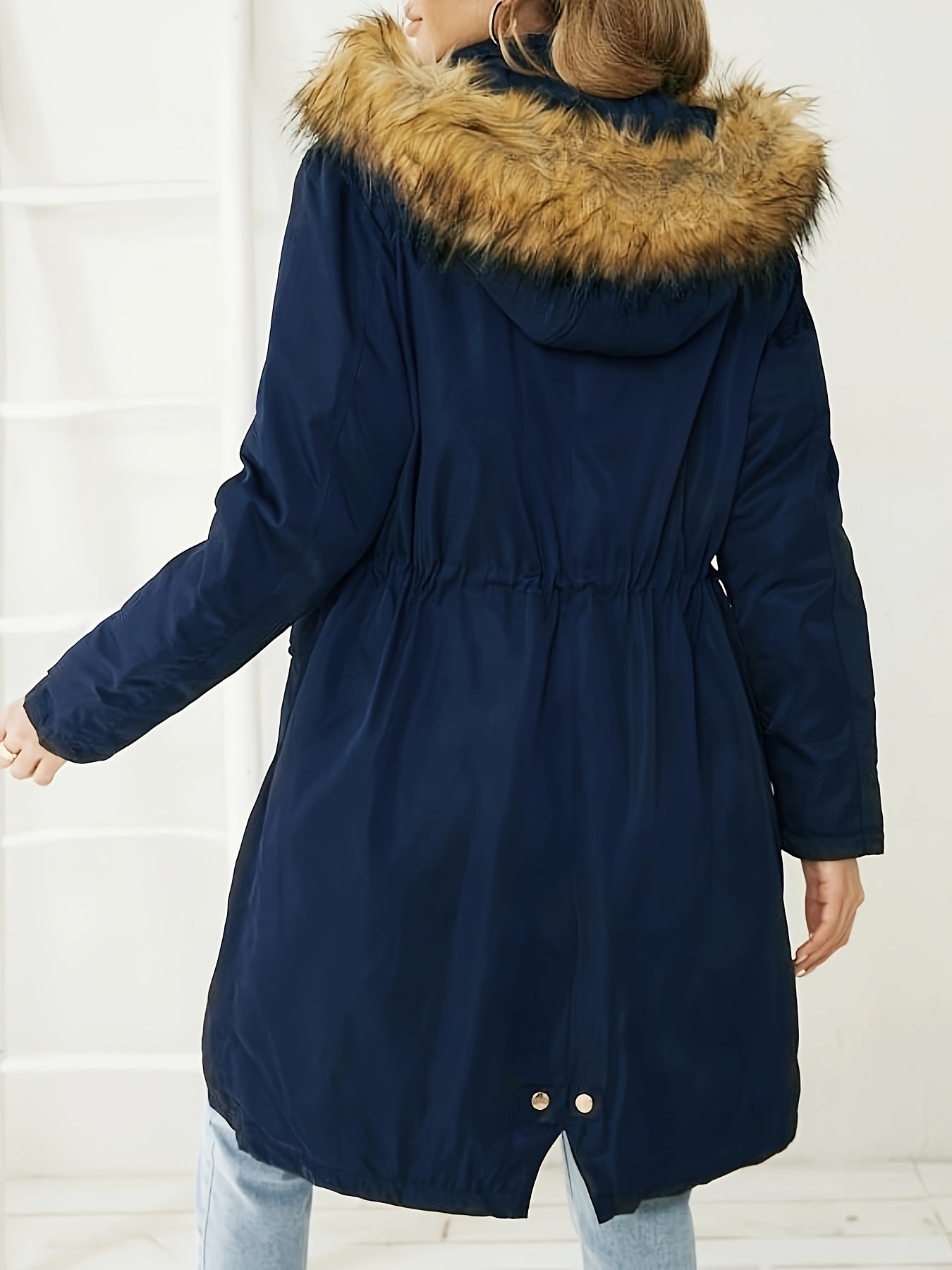 gbolsos Faux Fur Trim Hooded Coat, Casual Zip & Button Front Long Sleeve Winter Warm Outerwear, Women's Clothing