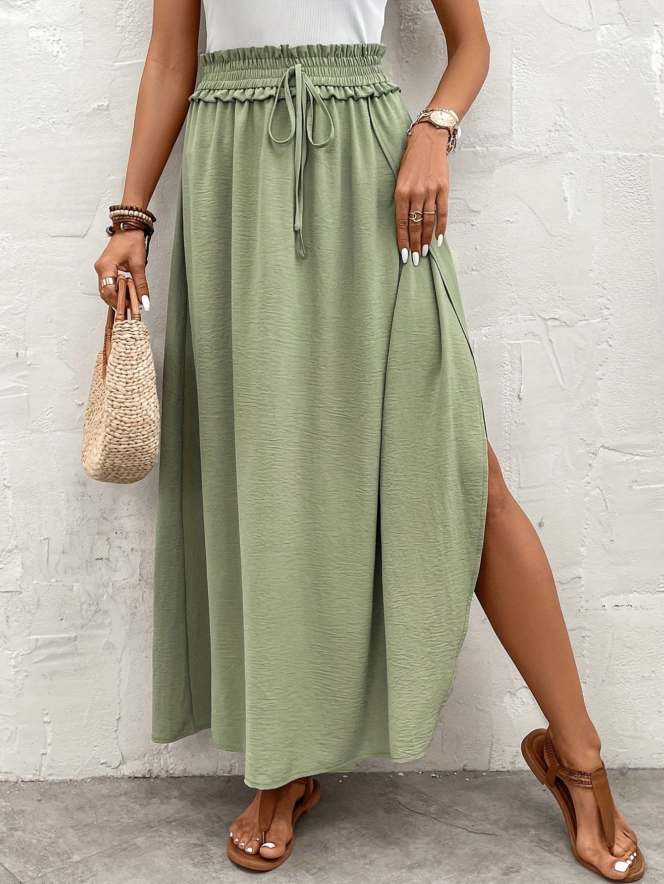 gbolsos Solid Paper Bag Waist Skirt, Casual Split Beach Maxi Skirt, Women's Clothing