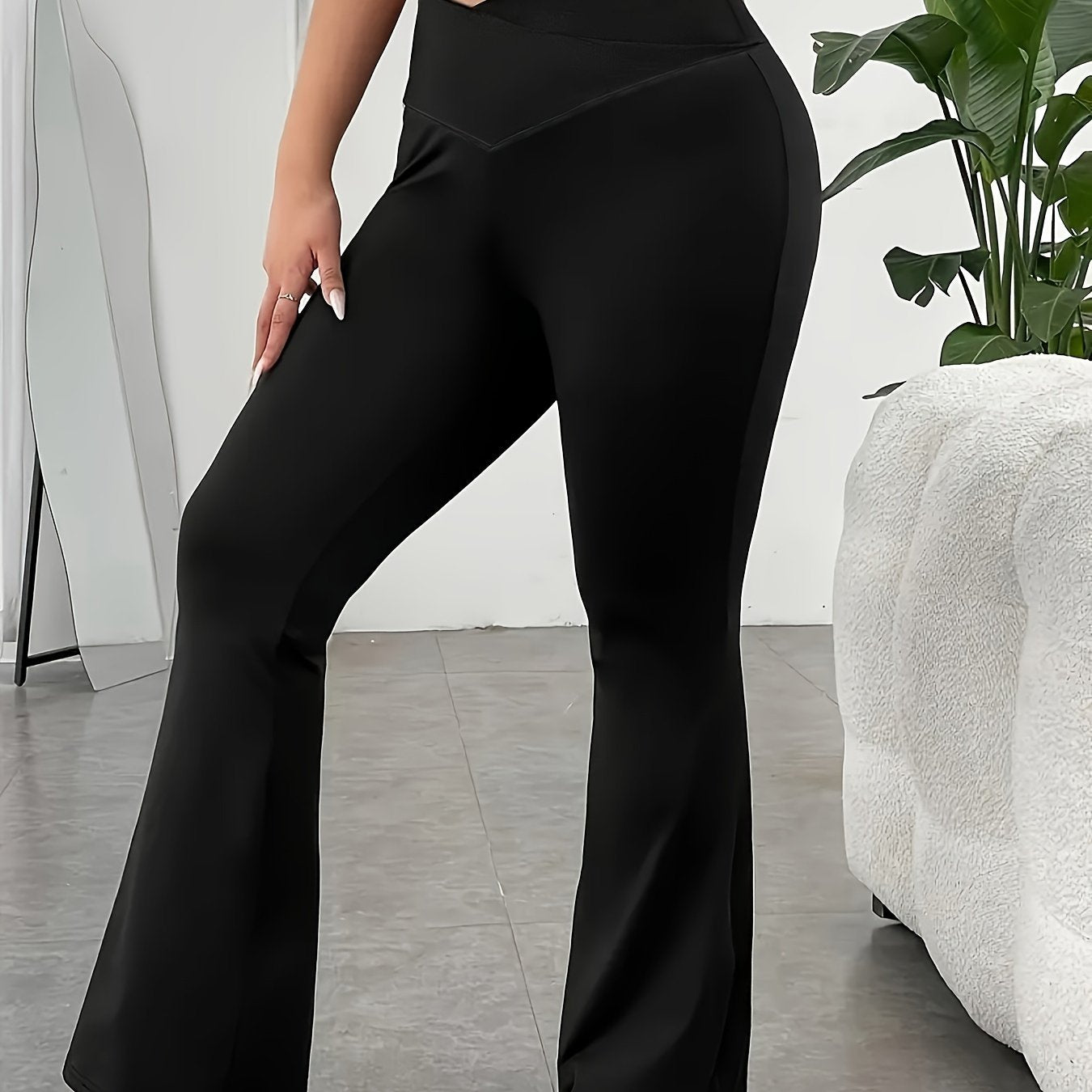 gbolsos Women's Sports Pants, Plus Size Plain Black Crossover High Waisted Comfy Fitness Yoga Flare Leg Pants
